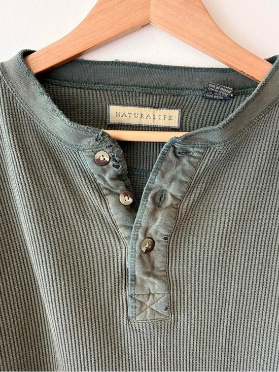 Vintage 90s grunge skater distressed henley button waffle knit shirt green L-XL - Picture 8 of 11